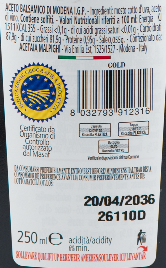 Aceto Balsamico di Modena IGP Gold etichetta ingredienti e valori nutrizionali – Luna Nuova Tartufi