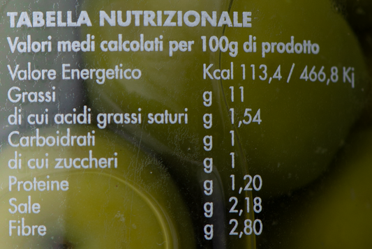 Olive Verdi Dolci in Salamoia etichetta ingredienti e valori nutrizionali – Luna Nuova Tartufi