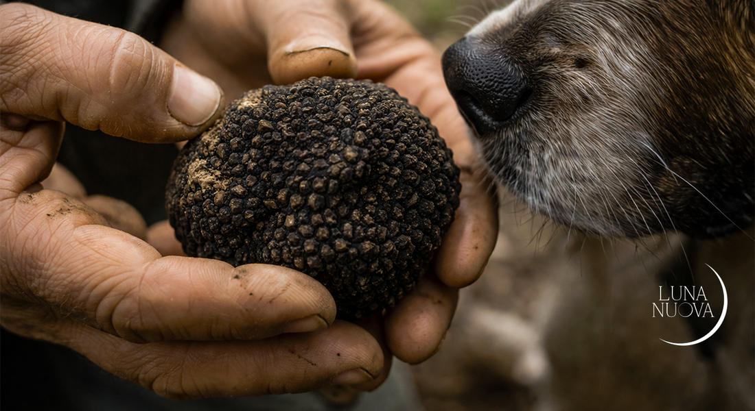 Tartufo estivo scorzone fresco con superficie nera e verruche piramidali — Luna Nuova Tartufi