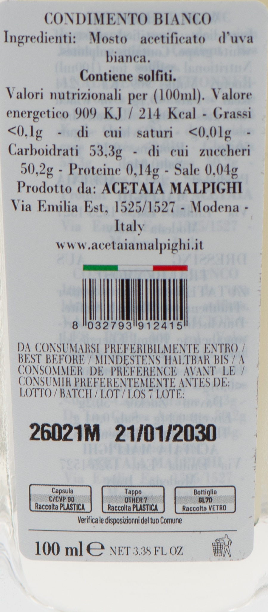 Acino Bianco etichetta ingredienti e valori nutrizionali – Luna Nuova Tartufi