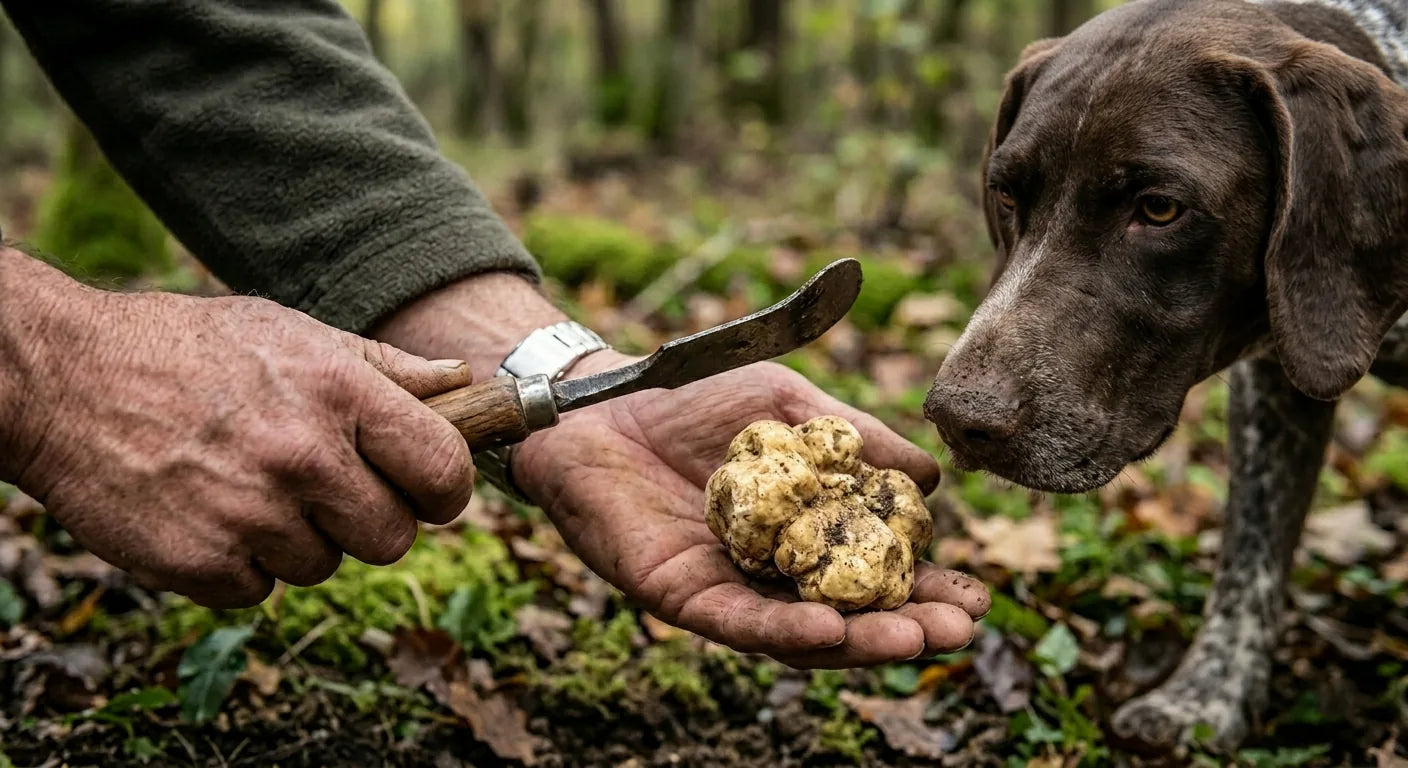 Cavatore alla ricerca del tartufo bianco nei boschi della Romagna — Luna Nuova Tartufi