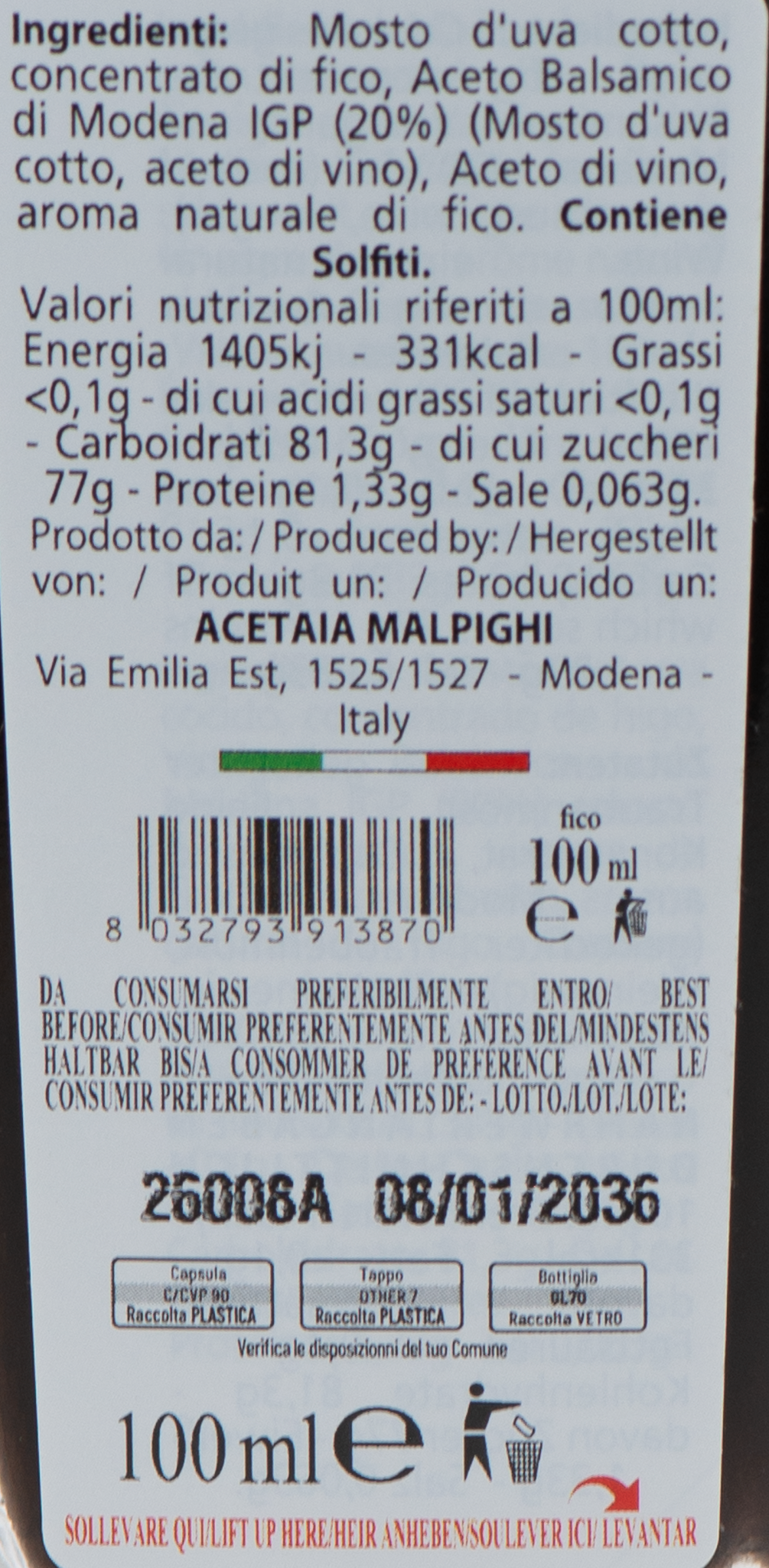 Condimento ai Fichi e Aceto Balsamico di Modena etichetta ingredienti e valori nutrizionali – Luna Nuova Tartufi