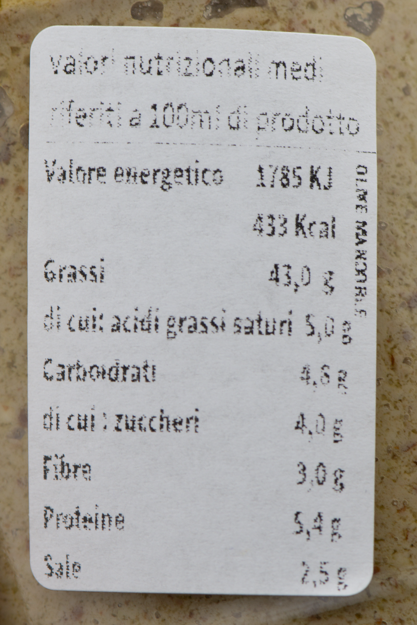 Crema di Olive e Mandorle etichetta ingredienti e valori nutrizionali – Luna Nuova Tartufi