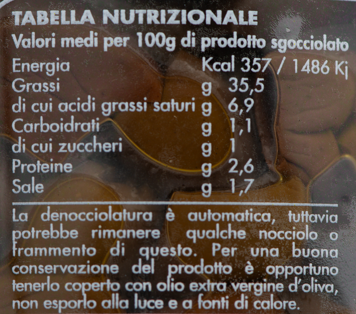 Olive Snocciolate in Olio Extravergine d'Oliva etichetta ingredienti e valori nutrizionali – Luna Nuova Tartufi