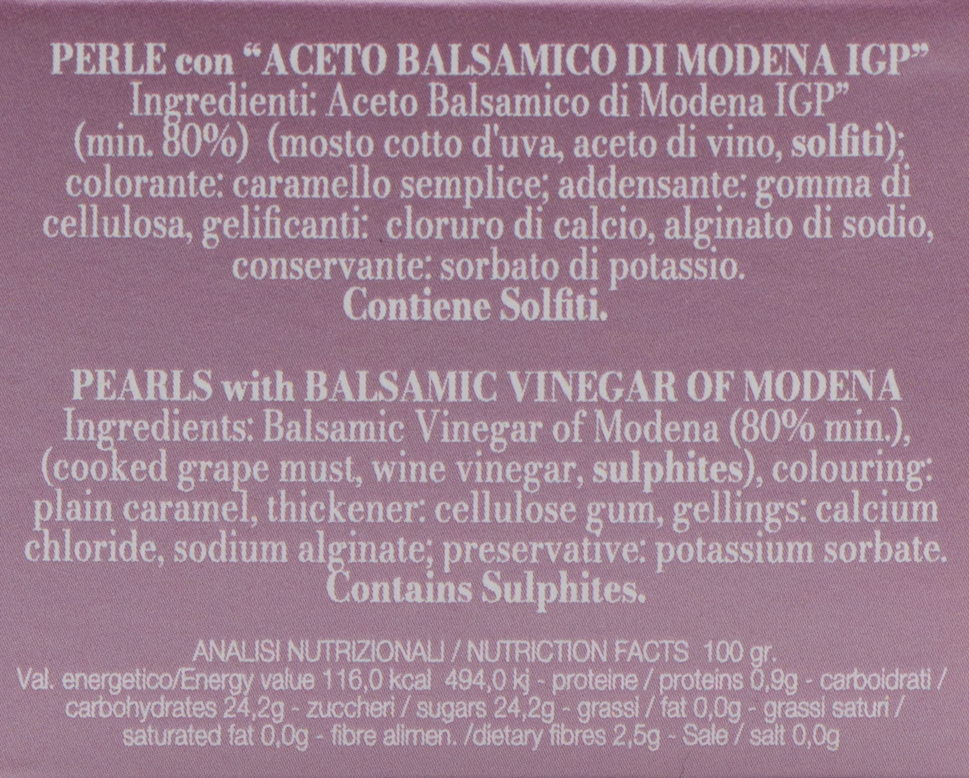 Perle con Aceto Balsamico di Modena IGP etichetta ingredienti e valori nutrizionali – Luna Nuova Tartufi