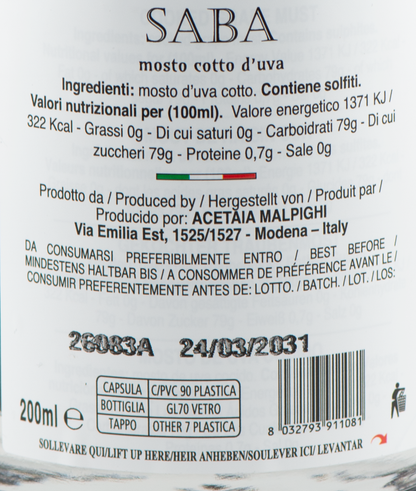 Saba - Mosto Cotto d'Uva etichetta ingredienti e valori nutrizionali – Luna Nuova Tartufi