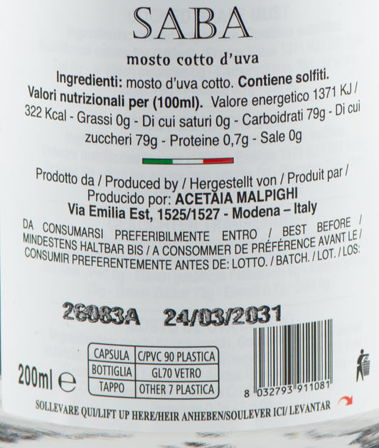 Saba - Mosto Cotto d'Uva etichetta ingredienti e valori nutrizionali – Luna Nuova Tartufi