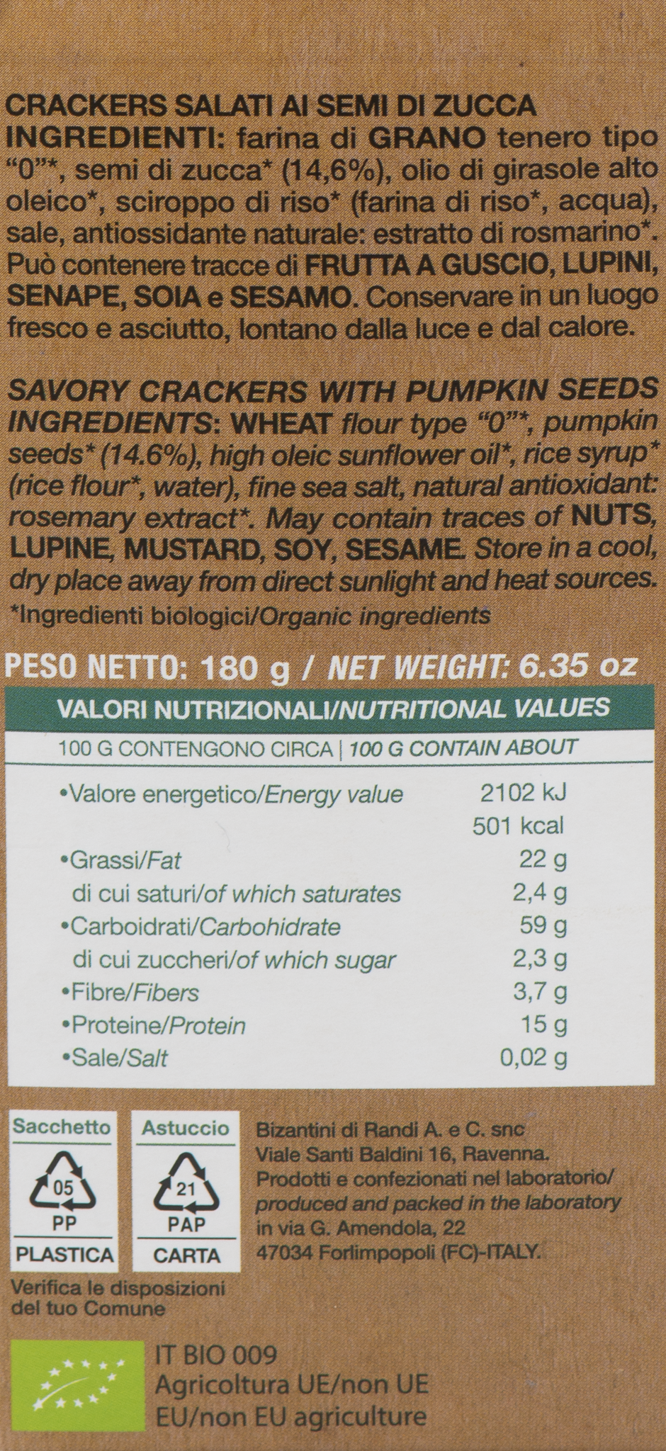 Tessere Salate ai Semi di Zucca Bio etichetta ingredienti e valori nutrizionali – Luna Nuova Tartufi